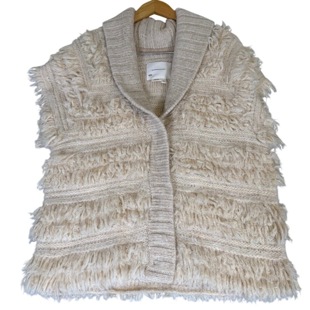 Anthropologie Cream Shaggy Knit Fringe Shawl Collar Vest Beige M/L
